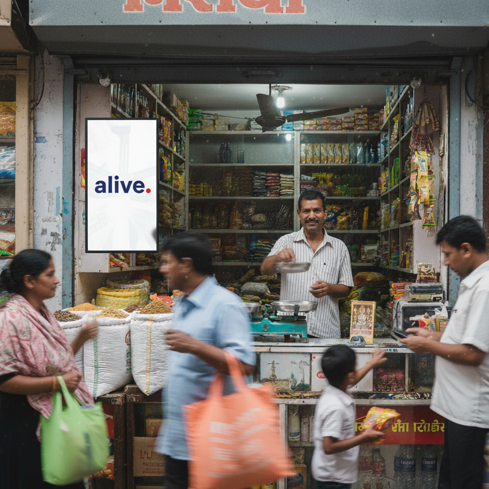 The same kirana store shelf, now with a vibrant Alive ad screen.